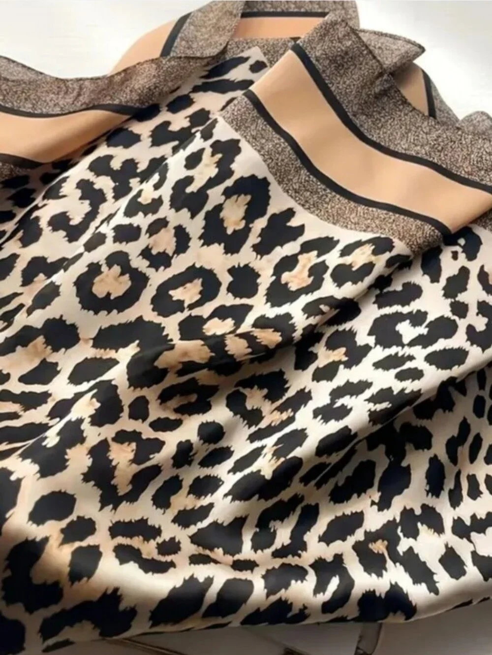 Leopard Print Silk-Feel Square Scarf in Tan and Black